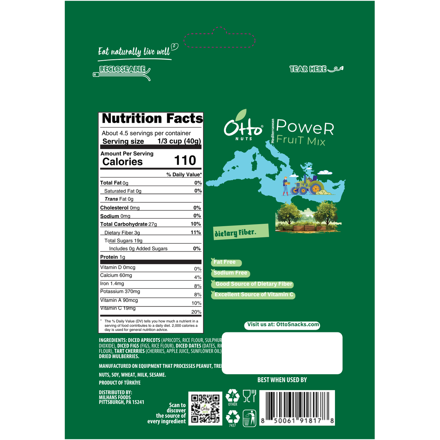 Nutrition facts label on a green package of Otto Power Fruit Mix
