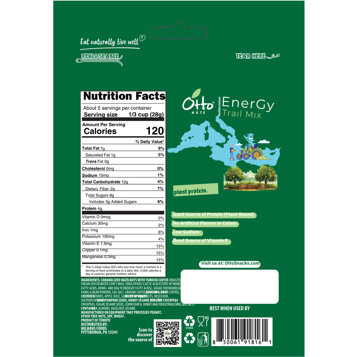 Green package of Otto Energy Trail Mix with nutrition facts label