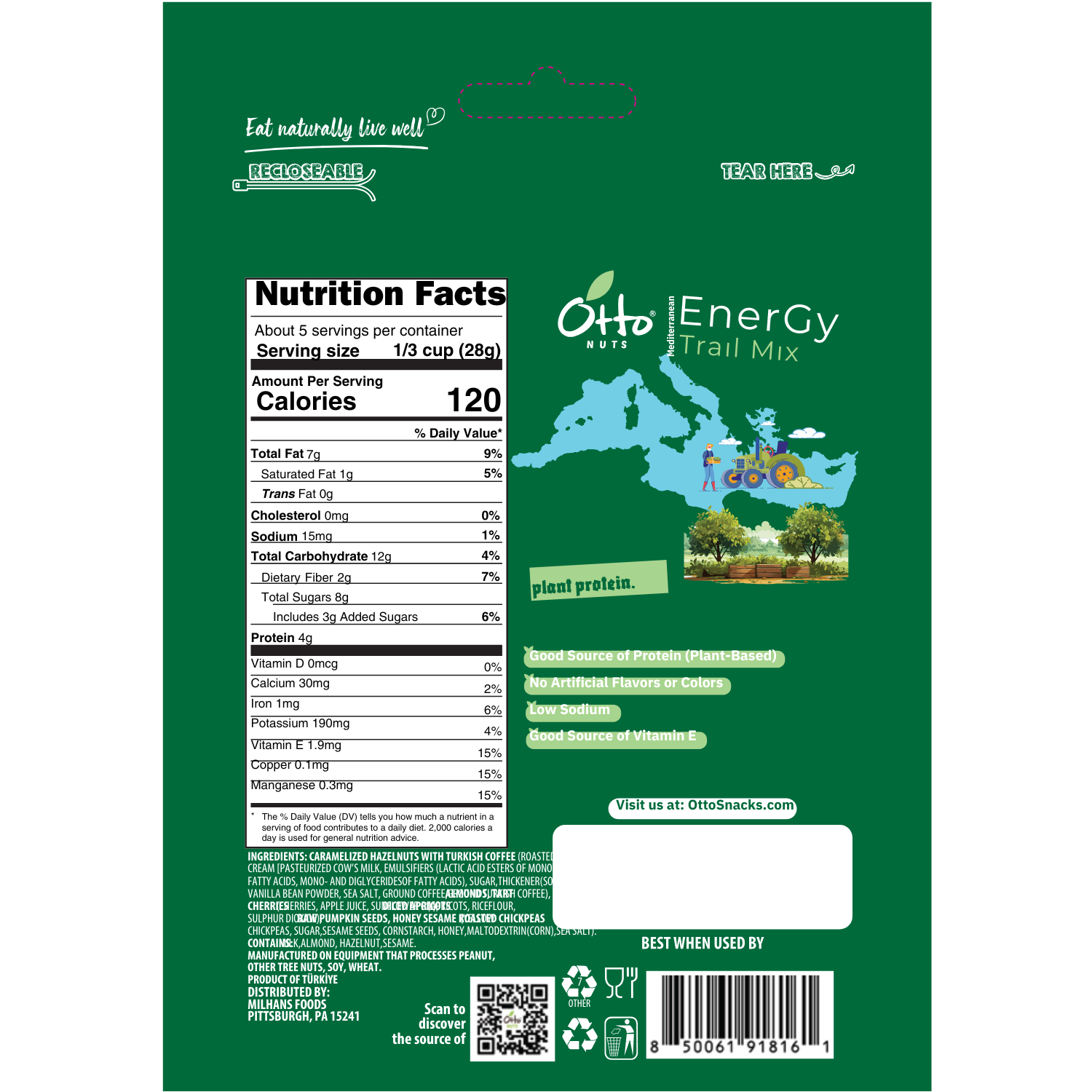 Green package of Otto Energy Trail Mix with nutrition facts label
