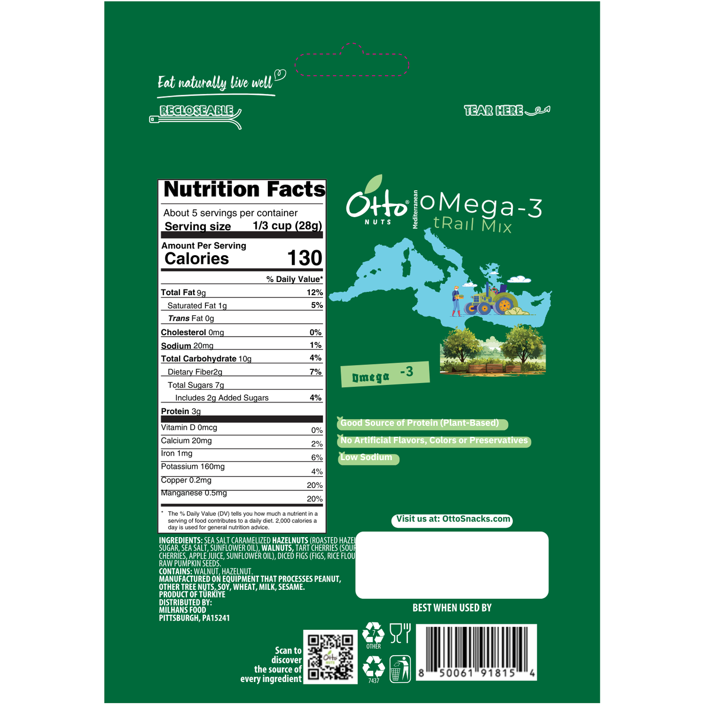 Nutrition facts label on a green package of Otto Omega-3 Trail Mix.