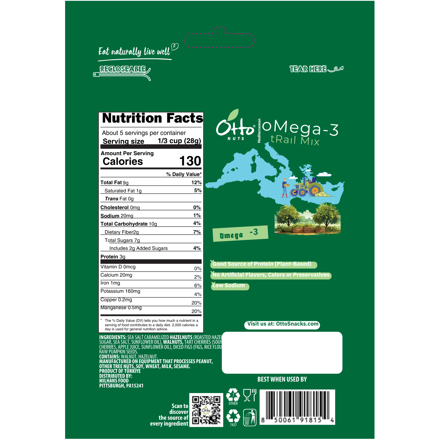 Nutrition facts label on a green package of Otto Omega-3 Trail Mix.
