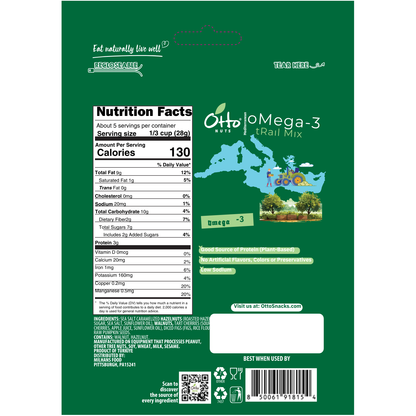 Nutrition facts label on a green package of Otto Omega-3 Trail Mix.