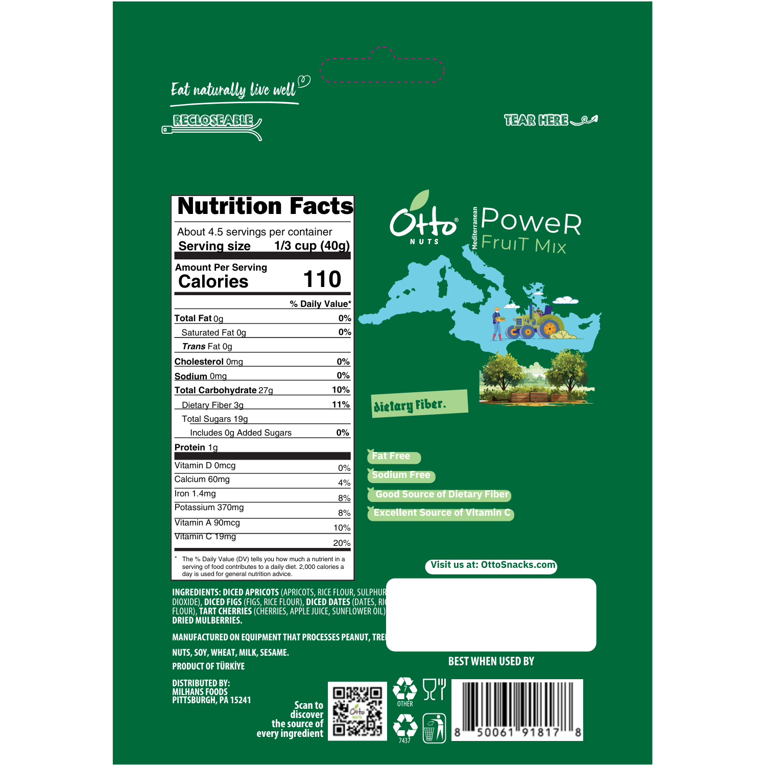 Nutrition facts label on a green package of Otto Power Fruit Mix