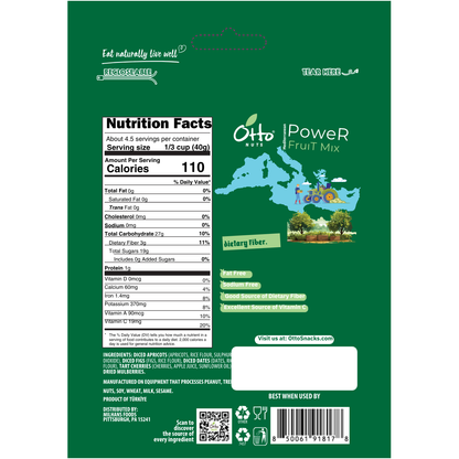 Nutrition facts label on a green package of Otto Power Fruit Mix